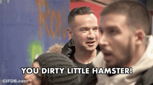 A Group Of Men Are Standing Next To Each Other And One Of Them Says You Dirty Little Hamster GIF