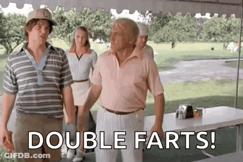 A Group Of Men Are Standing Next To Each Other On A Golf Course And One Of Them Is Saying `` Double Farts '' . GIF