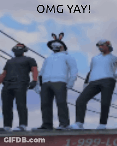 A Group Of Men Are Standing Next To Each Other On Top Of A Building With A Sign That Says Omg Yay . GIF