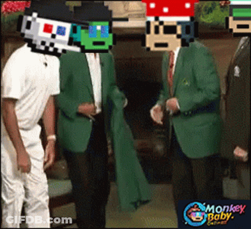 A Group Of Men Are Standing Next To Each Other With Monkey Baby Written On The Bottom GIF