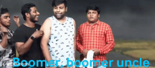 A Group Of Men Are Standing Next To Each Other With The Words Boomer Boomer Uncle Written In Blue . GIF
