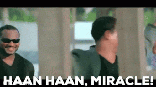 A Group Of Men Are Standing Next To Each Other With The Words Haan Haan , Miracle . GIF