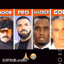 A Group Of Men Are Standing Next To Each Other With The Words Noob Pro Hacker And Gold Written On The Bottom GIF