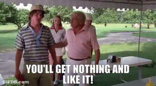 A Group Of Men Are Standing Under A Tent On A Golf Course . One Of The Men Is Holding A Golf Club . GIF