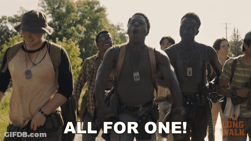 A Group Of Men Are Walking Down A Path And One Of Them Says " All For One " GIF