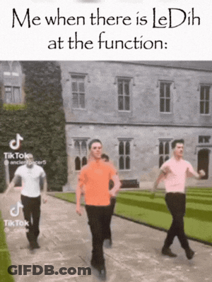 A Group Of Men Are Walking In Front Of A Building With The Caption Me When There Is Le Dih At The Function GIF