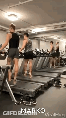 A Group Of Men Are Walking On Treadmills In A Gym . GIF