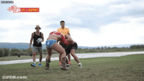 A Group Of Men Are Wrestling In A Field With The Words Ufc On The Top GIF