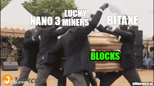A Group Of Men Carrying A Coffin With The Words Nano 3 Miners And Bitaxe Blocks GIF