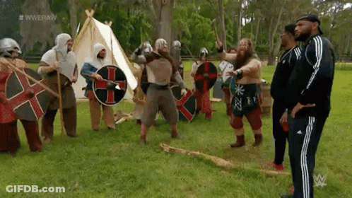 A Group Of Men Dressed Up As Vikings Are Standing In A Field . GIF