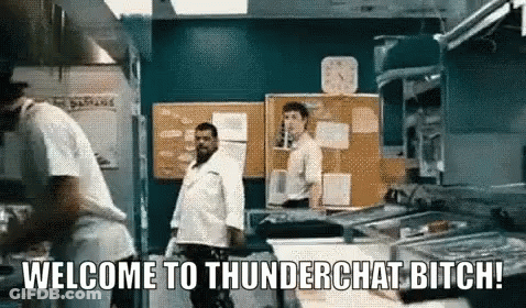 A Group Of Men In A Kitchen With The Words Welcome To Thunderchat Bitch On The Bottom GIF