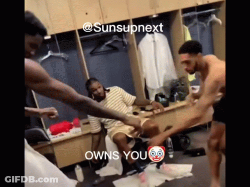 A Group Of Men In A Locker Room With The Caption " Owns You " On The Bottom GIF