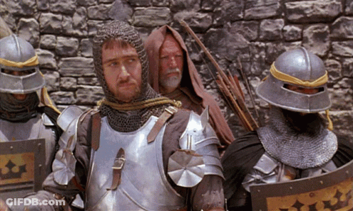 A Group Of Men In Armor Are Standing In Front Of A Stone Wall And One Of Them Has A Shield With The Letter E On It GIF
