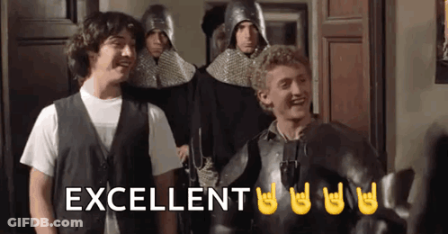 A Group Of Men In Armor Are Standing Next To Each Other And The Word Excellent Is Written On The Bottom . GIF