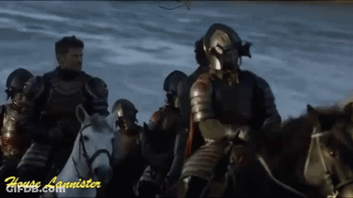 A Group Of Men In Armor Riding Horses With The Name House Lannister Written On The Bottom GIF