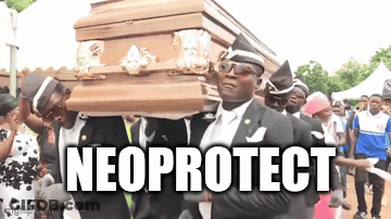 A Group Of Men In Black Suits Are Carrying A Coffin With The Word Neoprotect On It . GIF