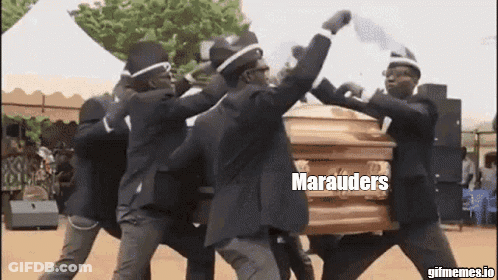 A Group Of Men In Black Suits Are Carrying A Coffin With The Words Marauders On It . GIF