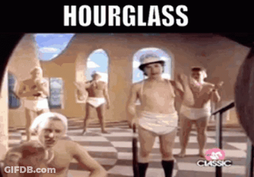 A Group Of Men In Diapers Are Dancing In A Room With The Words Hourglass Written Above Them GIF