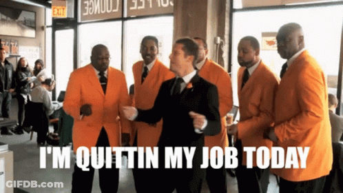 A Group Of Men In Orange Suits Are Dancing And One Of Them Says " I 'M Quittin My Job Today " GIF