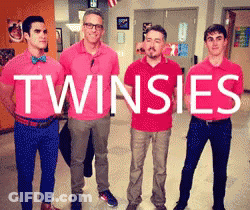 A Group Of Men In Pink Shirts With The Word Twinsies On Them GIF