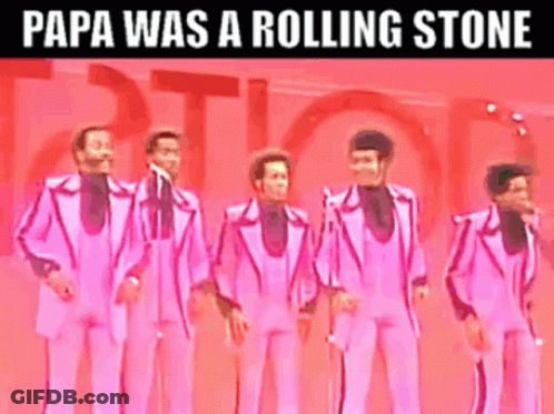 A Group Of Men In Pink Suits Stand In Front Of Microphones With Papa Was A Rolling Stone Written On The Bottom GIF