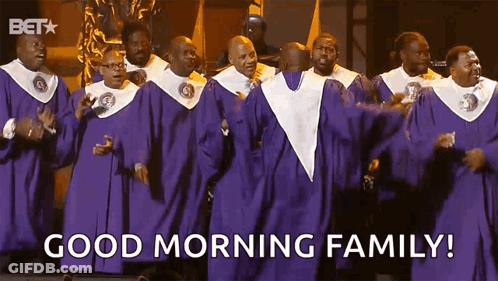 A Group Of Men In Purple Robes Are Singing And Dancing And The Caption Says Good Morning Family GIF
