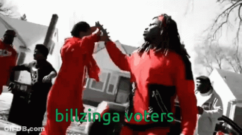 A Group Of Men In Red Jumpsuits Are Giving Each Other A High Five With The Words Billzinga Voters Written In Green GIF