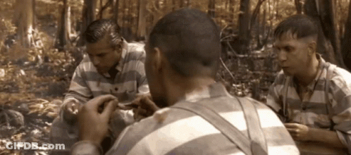 A Group Of Men In Striped Shirts Are Sitting In A Forest GIF