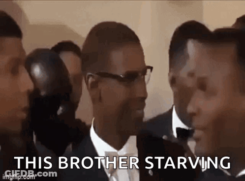 A Group Of Men In Suits And Bow Ties Are Standing Next To Each Other And One Of Them Is Saying `` This Brother Starving GIF