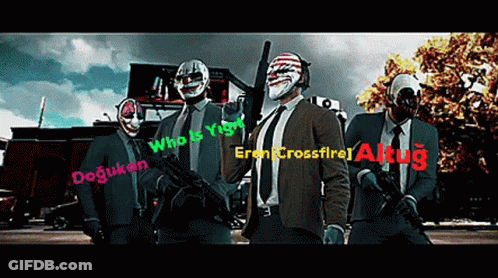 A Group Of Men In Suits And Masks Are Standing Next To Each Other With The Words " Who Is Your Dogukan " Written In Red GIF