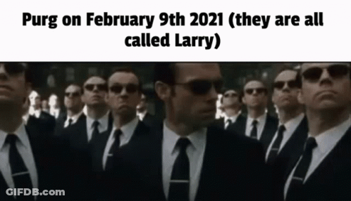 A Group Of Men In Suits And Ties Are Standing In A Row And They Are All Called Larry GIF