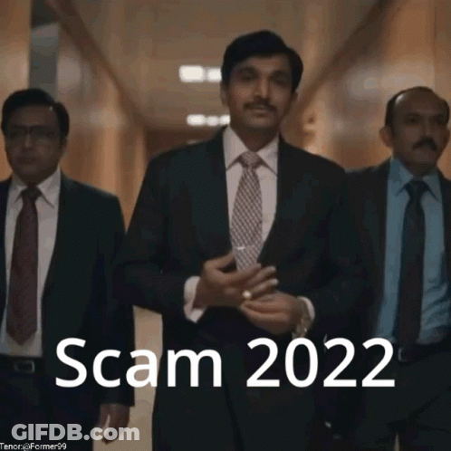 A Group Of Men In Suits And Ties Are Walking Down A Hallway With The Words Scam 2022 Written On The Bottom GIF