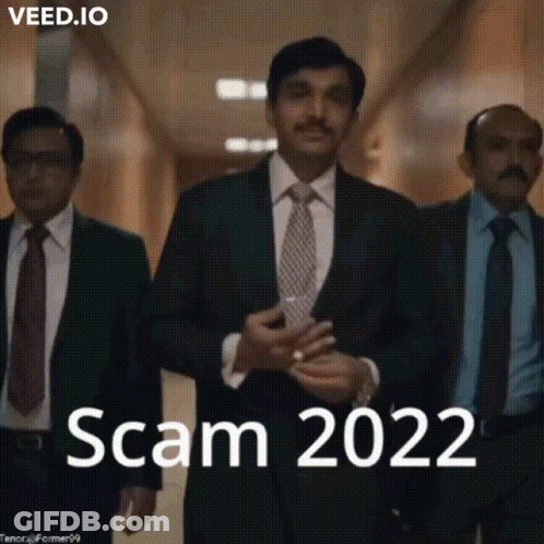 A Group Of Men In Suits And Ties Are Walking Down A Hallway With The Words Scam 2022 Written On The Bottom GIF