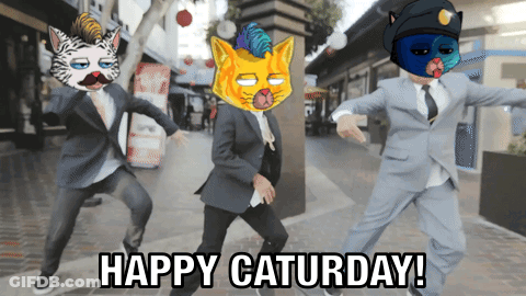 A Group Of Men In Suits Are Dancing With The Words Happy Saturday Below Them GIF