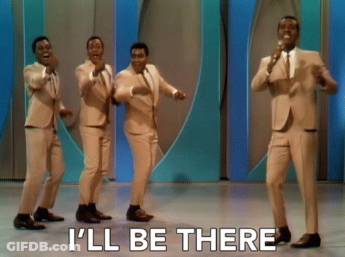 A Group Of Men In Suits Are Singing And Dancing With The Words I 'Ll Be There Behind Them GIF