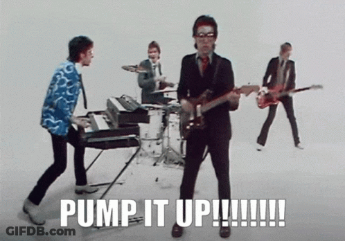 A Group Of Men Playing Musical Instruments With The Words Pump It Up Written Below Them GIF