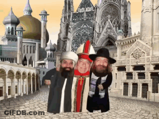 A Group Of Men Posing For A Picture In Front Of A Cathedral GIF