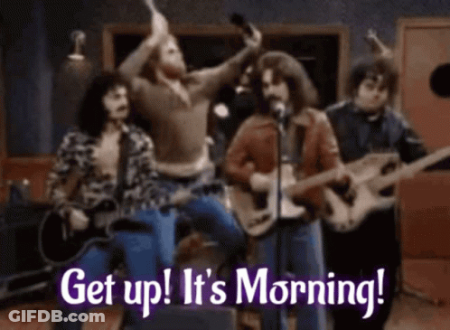 A Group Of Men Singing And Playing Guitars With The Words Get Up It 'S Morning Written On The Bottom GIF