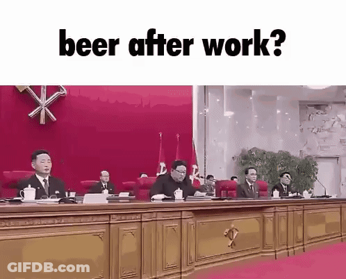 A Group Of Men Sitting At A Table With The Words Beer After Work GIF