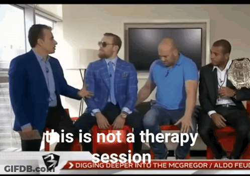 A Group Of Men Sitting On A Couch With The Words " This Is Not A Therapy Session " On The Bottom GIF
