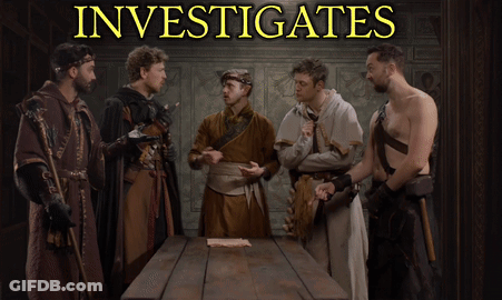 A Group Of Men Standing Around A Table With The Words Investigates Badly On The Bottom GIF