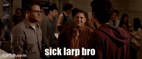 A Group Of Men Standing In A Room With The Words Sick Larp Bro Written On The Bottom GIF
