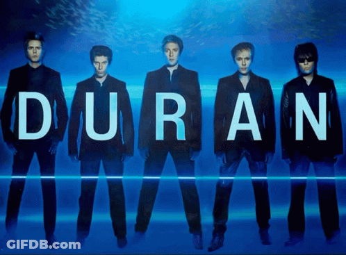 A Group Of Men Standing In Front Of A Blue Background With The Word Duran On It GIF