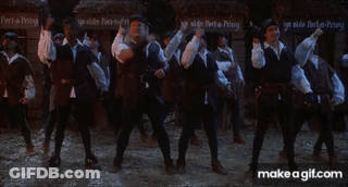 A Group Of Men Standing In Front Of A Sign That Says Ye Olde Port-A-Privy GIF