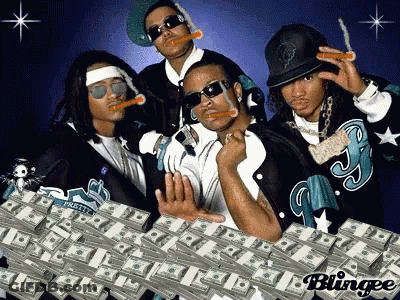 A Group Of Men Standing In Front Of Stacks Of Money With The Word Blingee On The Bottom GIF