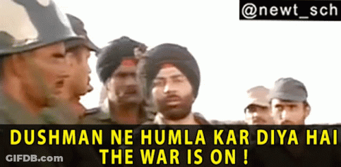 A Group Of Men Standing Next To Each Other With The Words " Dushman Ne Humla Kar Diya Hat The War Is On " Above Them GIF