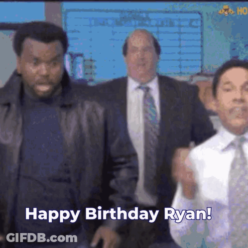 A Group Of Men Standing Next To Each Other With The Words Happy Birthday Ryan On The Bottom GIF