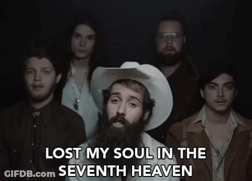 A Group Of Men Standing Next To Each Other With The Words Lost My Soul In The Seventh Heaven On The Bottom GIF