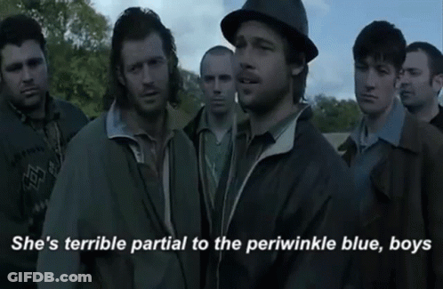 A Group Of Men Standing Next To Each Other With The Words She 'S Terrible Partial To The Periwinkle Blue Boys GIF