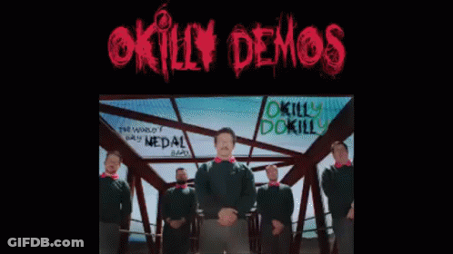 A Group Of Men Standing On A Bridge With The Words Okilly Demos Written In Red GIF